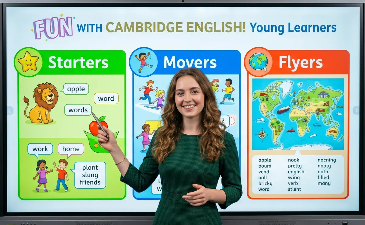 A Cambridge English teacher presenting Starters, Movers and Flyers Young Learners content on a large classroom screen.