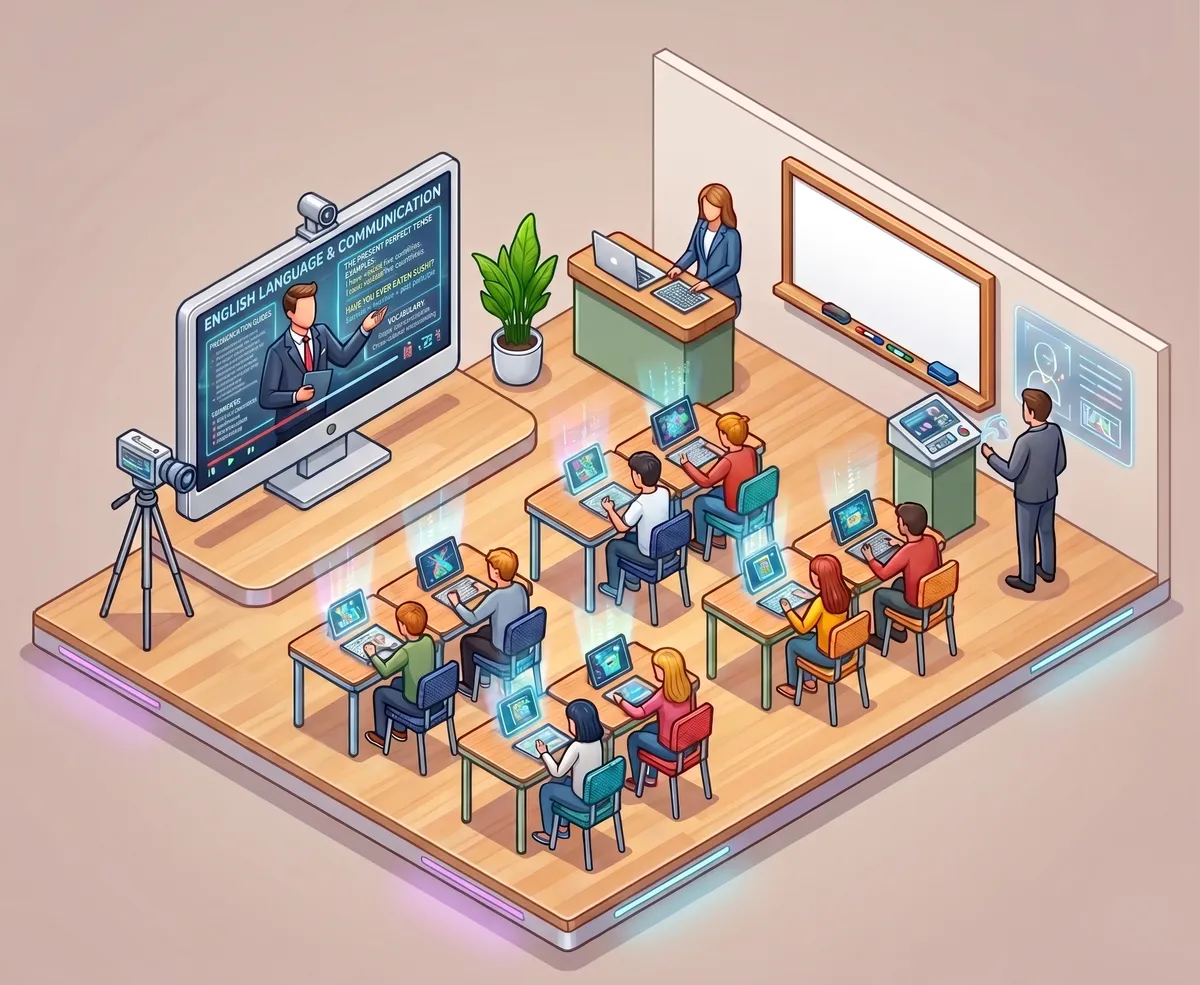 Colour isometric illustration of a Cambridge Council classroom: a large screen broadcasting a live English teacher from HQ, students at desks with tablets, a local facilitator, and a teacher's podium.